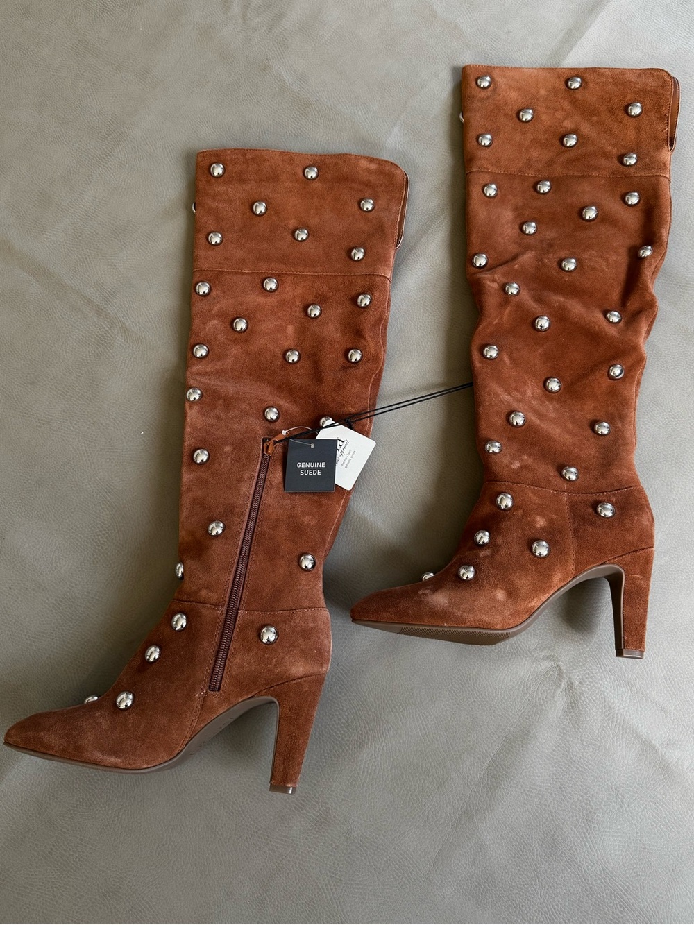 Genuine Suede Over-the-Knee Silver Studded Tan Boots Western Festival Chic Sz 8